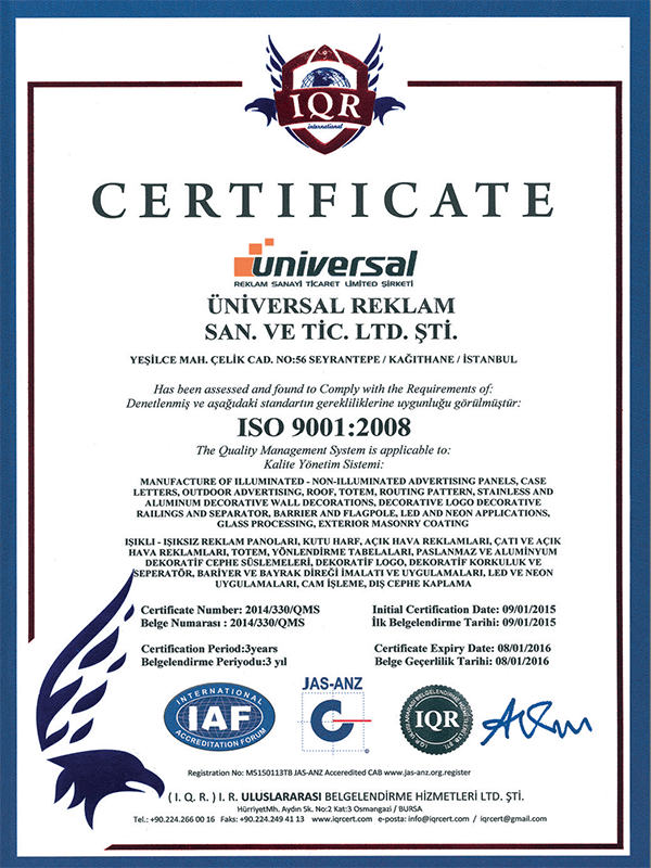 ISO 9001:2008 Sertifikası — Universal Reklam